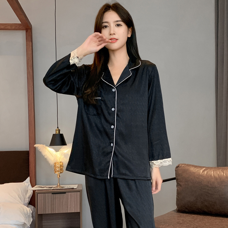 Herringbone Pattern New Womens Pajamas Spring and Autumn Thin Ice Silk Long Sleeve Highend Imitation Silk Homewear Plus Size Set 220827