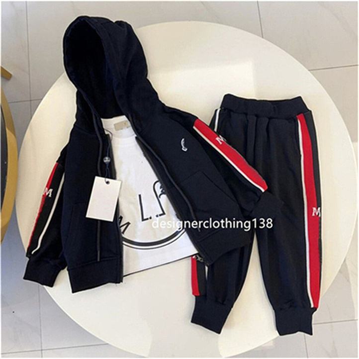 Children's hooded coat with designer style children's outfit fashionable three piece set equipped with zippers pullover casual pants sports set D14