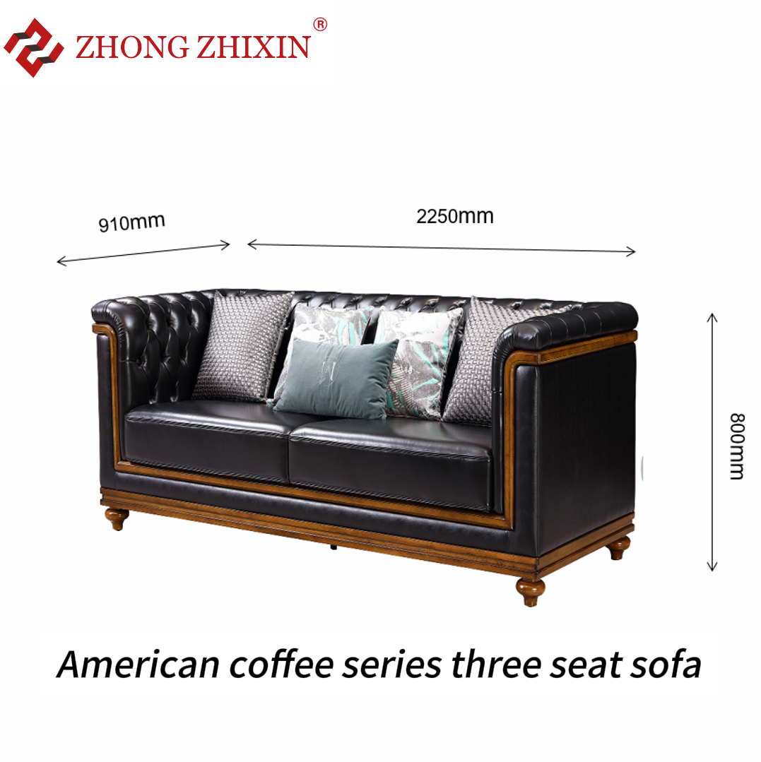Zhongzhixin Designer 3-Seater Solid Wood Frame Leather Sofa Set, Luxury Genuine Leather, American Style - Coffee Table for Living Room, Black
