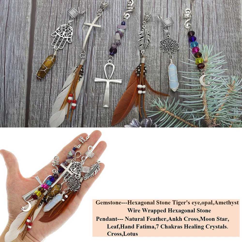 Stone Beads Crystal Feather Cross Pendant Hair Dreadlock cessories Women Spiral Hairpin Headwear Dangle Dirty Braid Jewelry L25092812AS