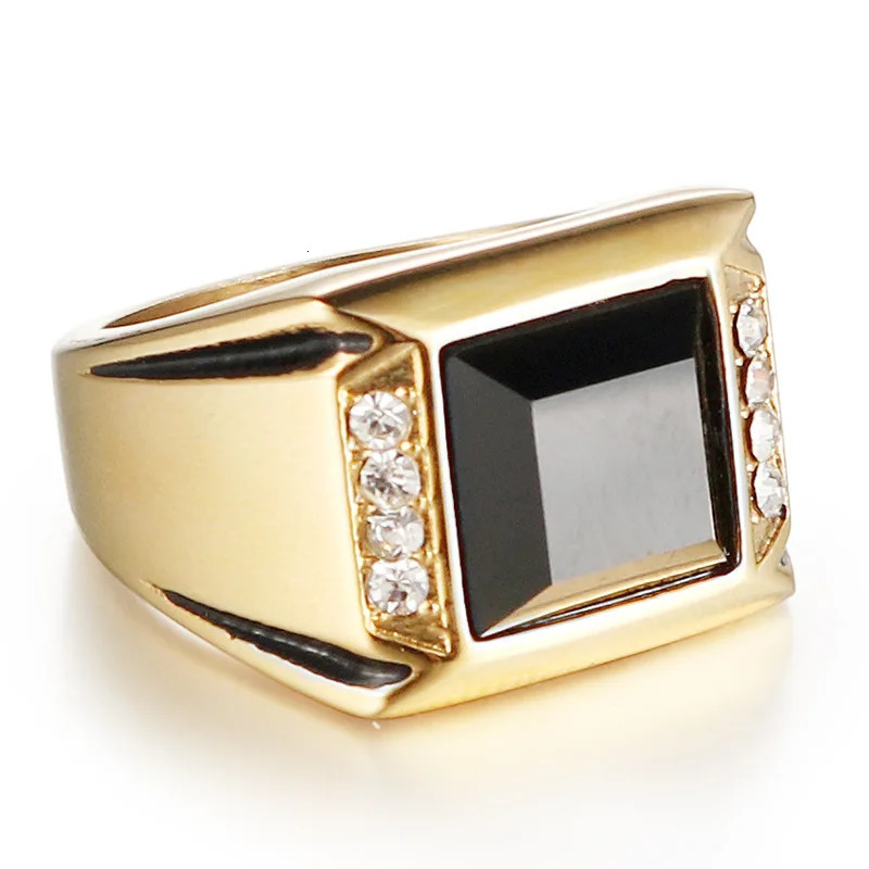HIP HOP Bling Iced Out Stainless Steel Geometric Square Black CZ Ring Men Signet Rings for Man Jewelry Gold Color 250922