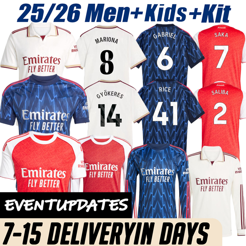 25 26 Arsenan jersey Kit SAKA RICE ODEGAARD SALIBA 2025 FootbaI GYOKERES ZUBIMENDI EZE HAVERTZ TIMBER MADUEKE Arsenalsjersey shirt Men Kids Sets Child Kit Shirt