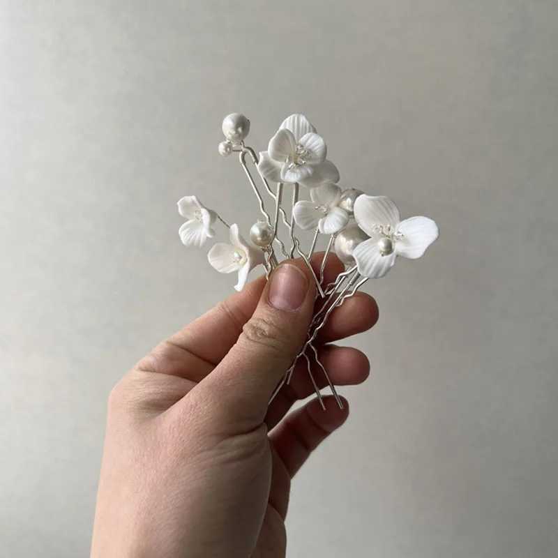 SLBRIDAL Handmade INS Ceramic Flower Leaf Pearls Bridal Hair Pin Set Wedding Hair Sticker Hair cessories Women Hair Jewelry L250928133Q