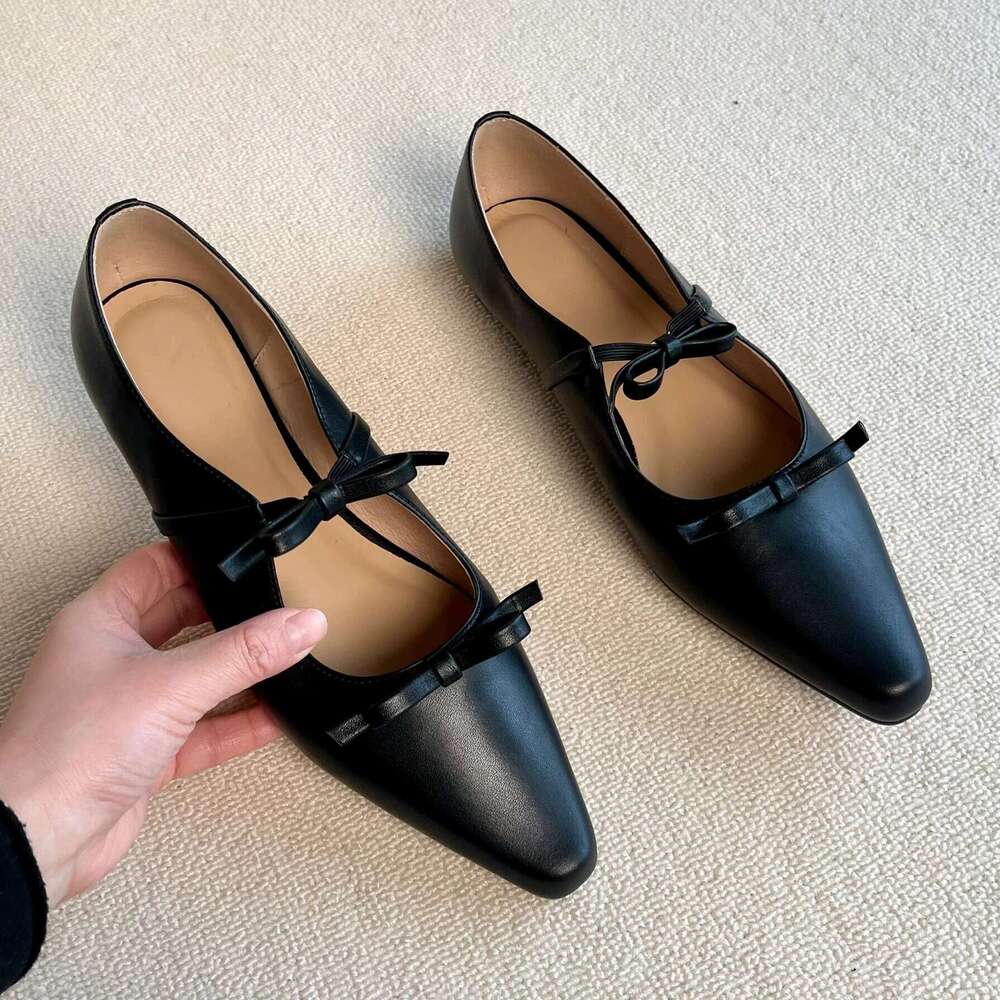 Genuine French Pointed Toe Shallow Mouth Bowknot Flat for Women 2025 Spring New Versatile Mary Jane Small Leather Shoes