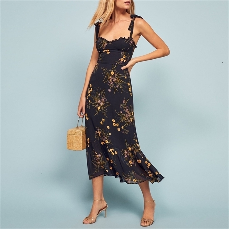 Dresses For Women Elegant Vintage Floral Frill Sweetheart Neck Sleeveless Strap Tie Ruffle Hem Summer Beach 220514