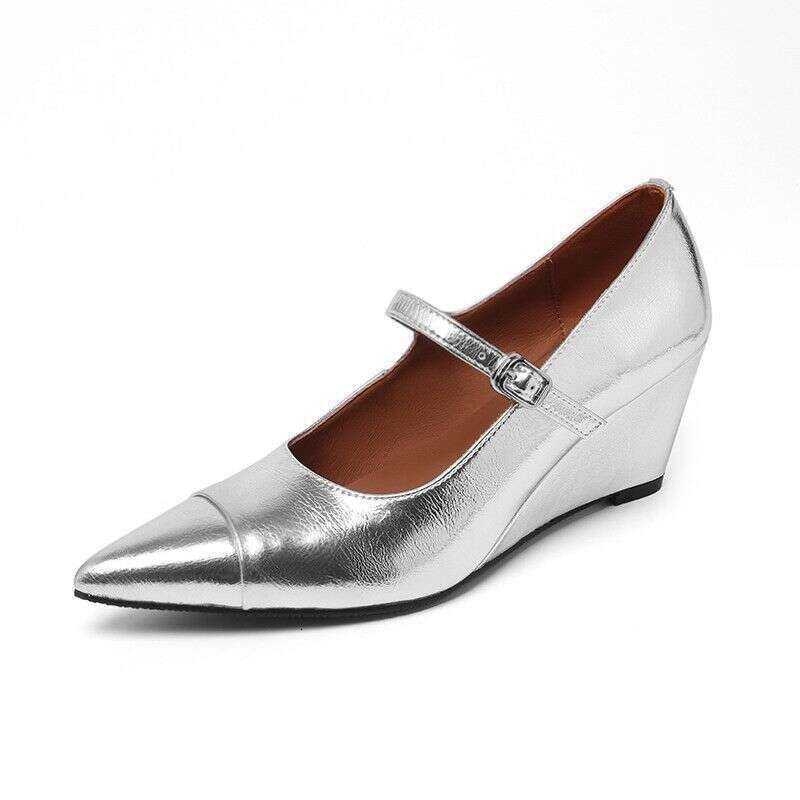Pointed Toe Wedge One Strap Mary Jane Autumn Winter New Full Leather Solid Color High heel Shallow Mouth Designer Shoe Single Shoes for Women