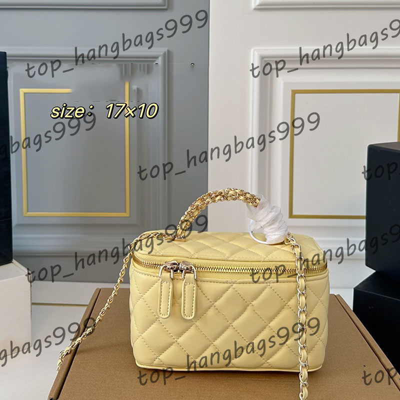 8Color Soft Lambskin Leather Mini Quilted Top Handle Clutch Makeup Bags Gold Metal Hardware Matelasse Chains Crossbody Handbags Card Holder Cosmetic Purse 17x10cm