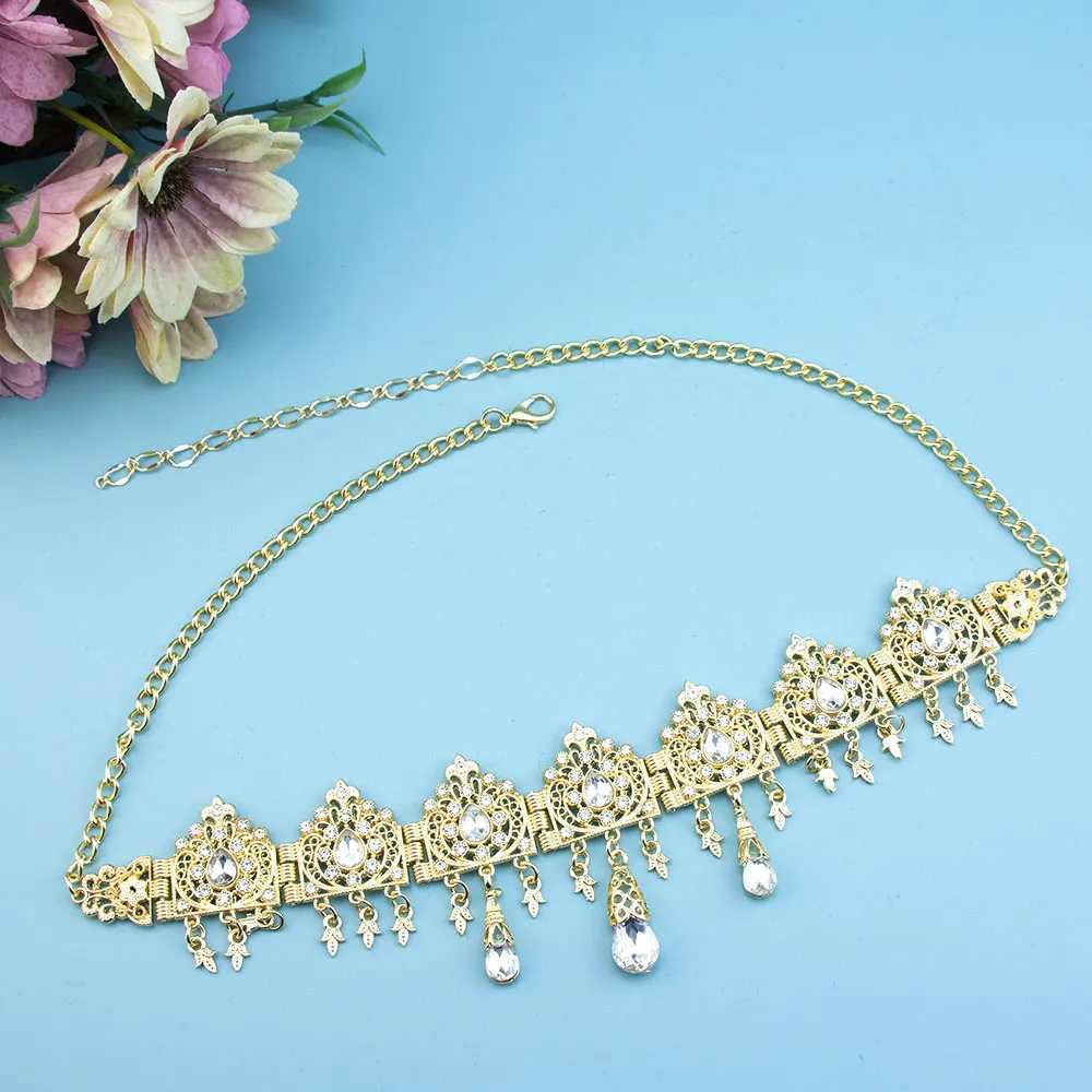 Neovisson Fashion Style Gold Color Moroccan Women Hair Chain Forehead Chain Arabic Bride Wedding Jewelry Crystal Headbands Gift L25092857BJ