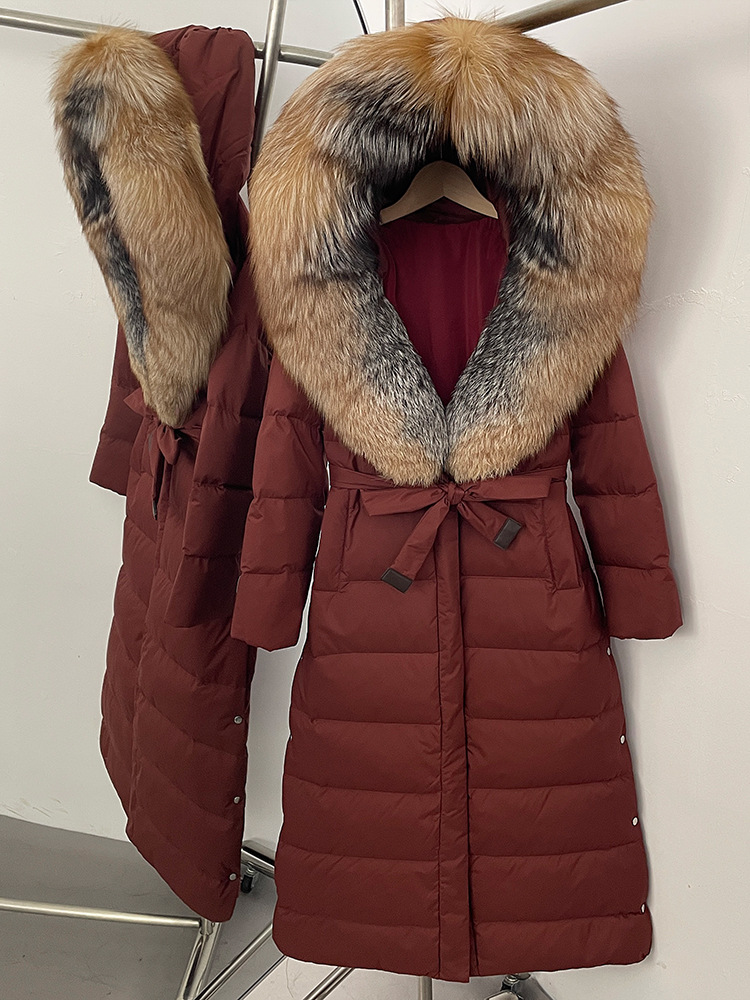 25 cross-border designer's new fox fur collar hooded down jacket for women, long style with tie up waist, slimming down puffer jacket women doudo