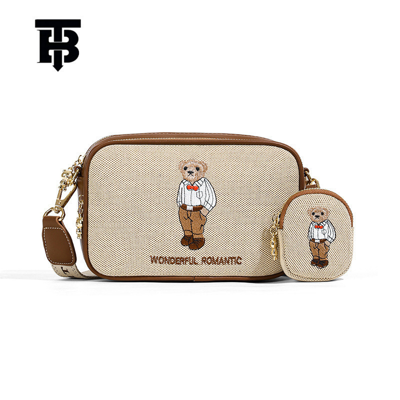 TB BHULAMTE Designer Bag Beibao Authentic Canvas Embroidered Letter Cartoon Squatting Bear Canvas Color-block Square Camera Bag For Women Luxury Bag 2
