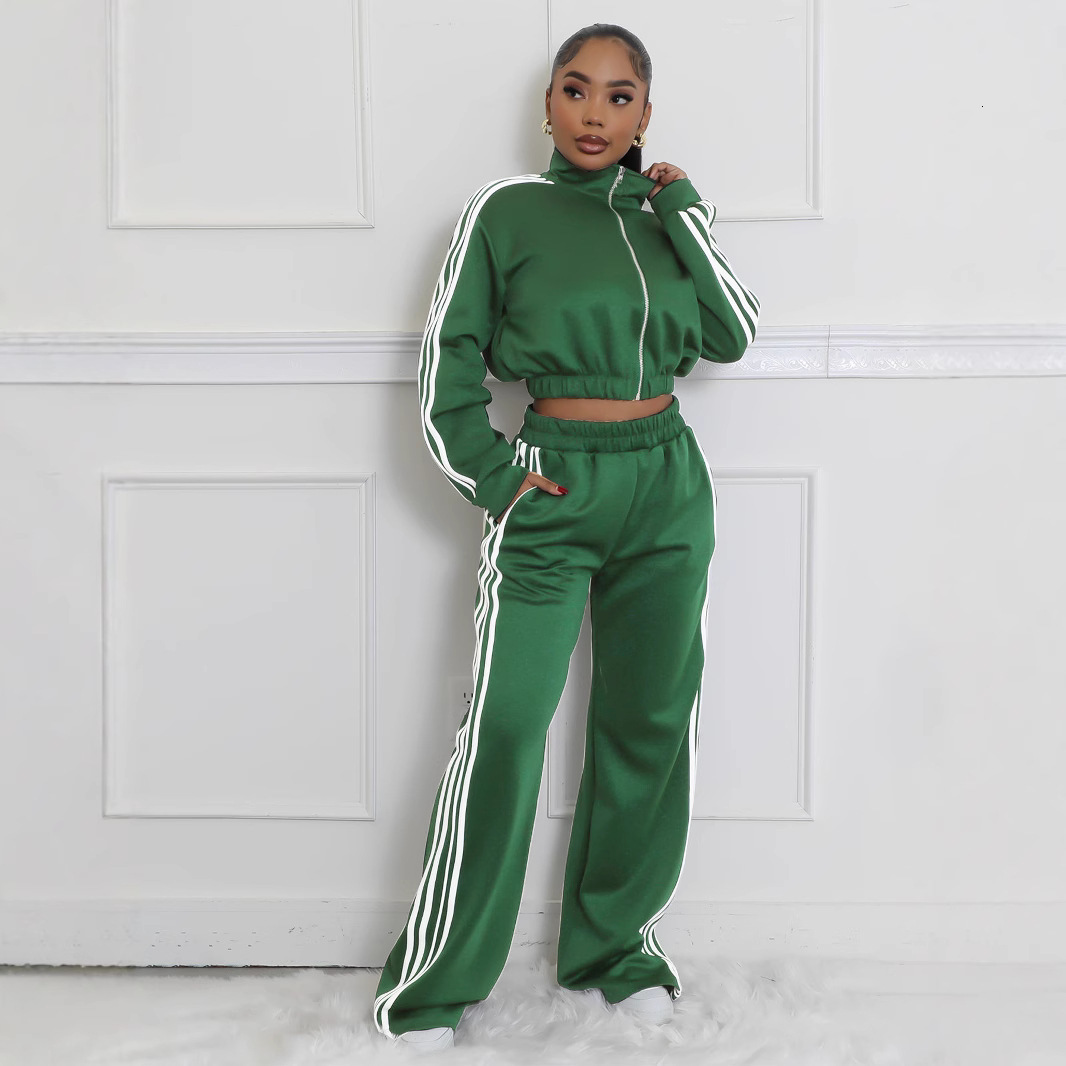 TW562 Autumn Striped Set Zipper Thickened Sweatshirt Casual TwoPiece Set 241219