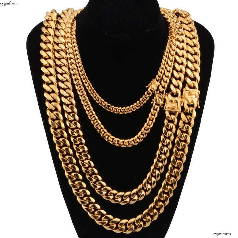 Moissanite jewelry Gold Miami Cuban Link Chain Necklace Men Hip Hop Stainless Steel Jewelry Necklaces Free door-to-door delivery