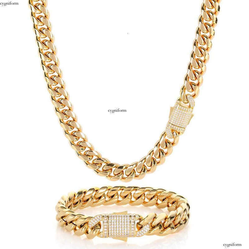 piece/sets 2 Hip Hop Miami Titanium Steel Mens Necklace Bracelet Set with Zircon Spring Buckle Cuban Link Gold Chain Popular Jewelry chains Necklaces
