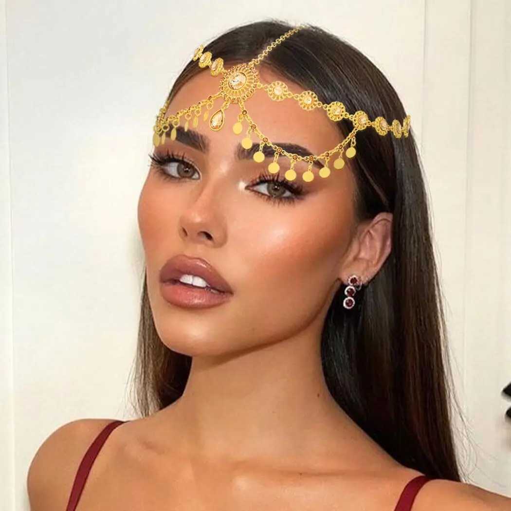 Egyptian Crystal Forehead Headpiece Gold Color Alloy Hollowed Rhinestone Coin Tassel Head Chain Womens Dance cessories L250928MMHQ