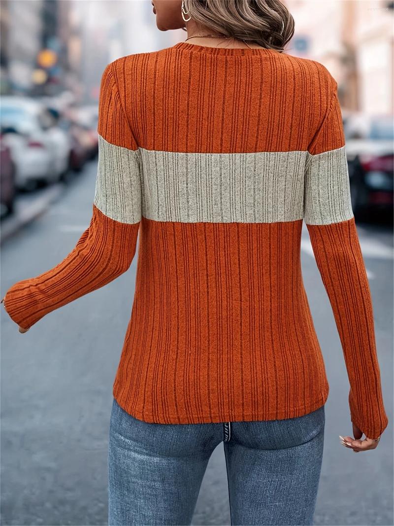 Women's Knits Color-block Patchwork Crewneck T-shirt Elegant Long-sleeved For Spring And Autumn