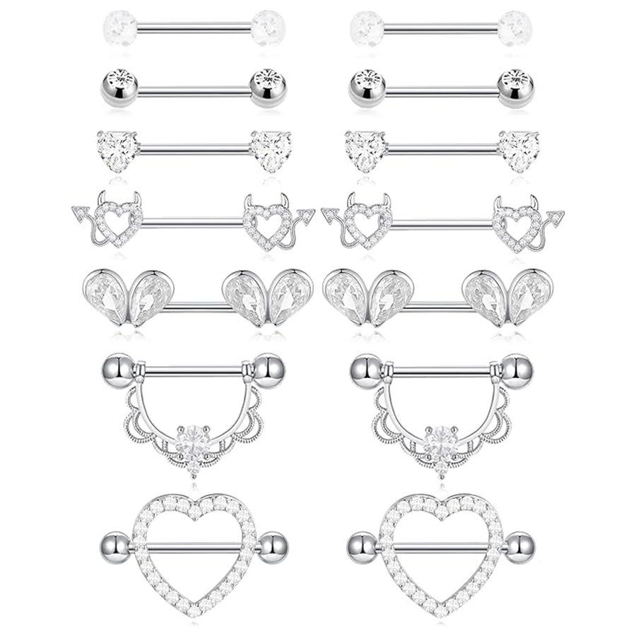 7 Pairs Nipple Rings for Women 14G Stainless Steel White CZ Heart Devil Ball Straight Barbell Nipple Bars Tongue Rings Set Nipplerings Piercing Jewelr