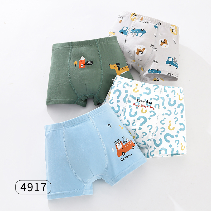 Kids' Cartoon Dinosaur Print Cotton Boxers Set of Four with Antimicrobial Properties-4917