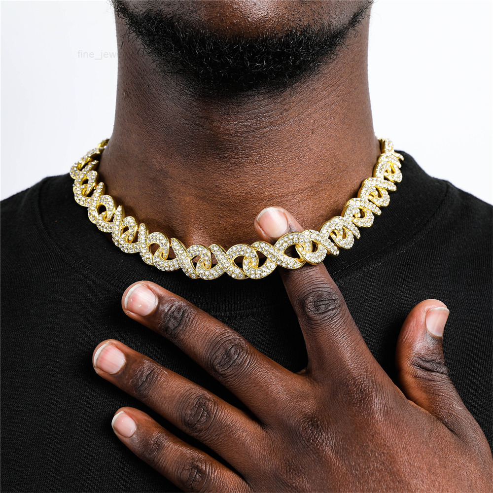 15mm 18 20 22 24 Moissanite Infinite Shaped Cuban Chain Alloy Necklace Iced Out Cubic Moissanite Bling Jewelry for Women Men