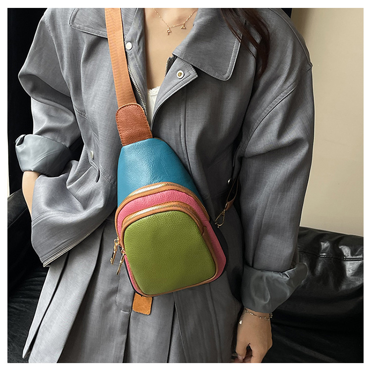 Free shipping new trendy contrasting color top layer cowhide single room crossbody bag for women, fashionable and versatile women, genuine leather che