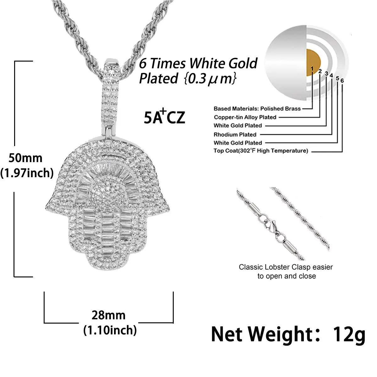 Hip Hop Jewelry Micro Iced Out Baguette CZ Hamsa Hand Pendant with 24 TennisRope Chain Necklaces for Men Women 250922