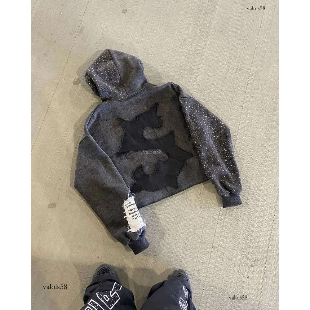 Mens Hoodies FAST MONEY INVERSE Letter Patchwork Gothic Zipper Hoodie Black Loose Rhinestone Embroidery Crop Top Retro Street R250714