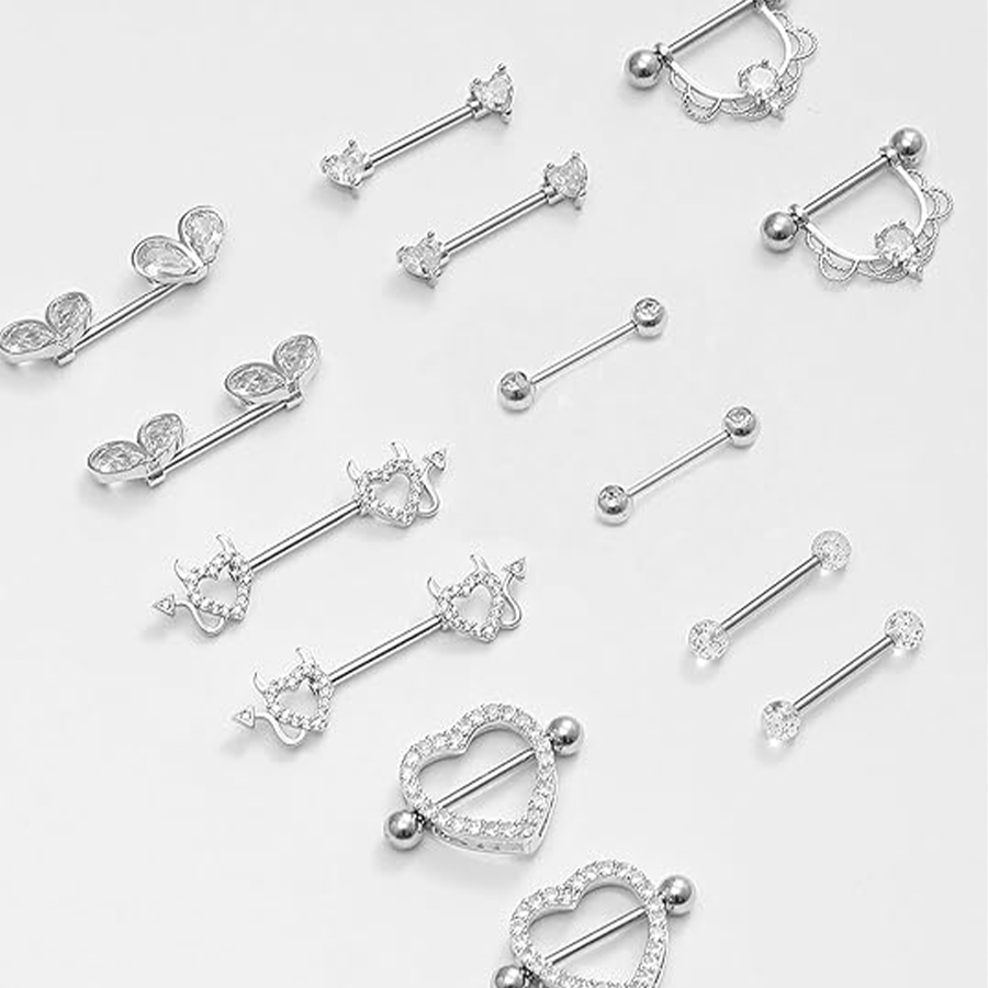 7 Pairs Nipple Rings for Women 14G Stainless Steel White CZ Heart Devil Ball Straight Barbell Nipple Bars Tongue Rings Set Nipplerings Piercing Jewelr