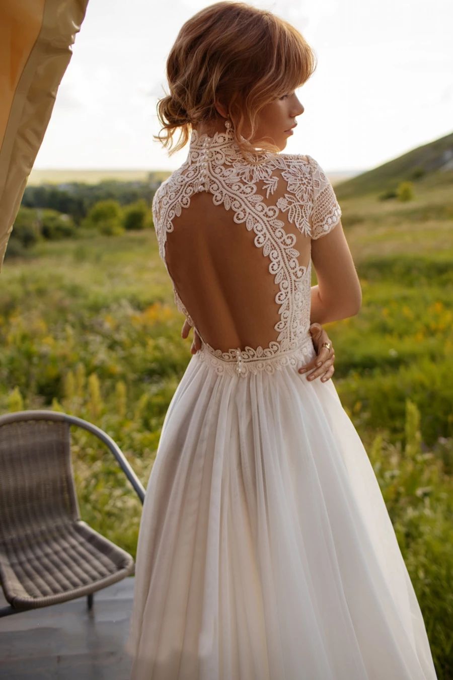 Vintage Boho Wedding Dress Lace High Neck A Line Tulle Princess Hollow Bare Back Short Sleeves Bridal Gowns Robe De Mariee 9P29