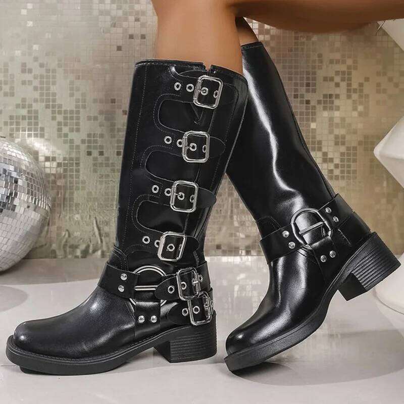 Fashion Buckle Strap Midi-Calf for Women Autumn Winter Brown Rivet Wedges Boots Woman Plus Size Pu Leather Botas Mujer