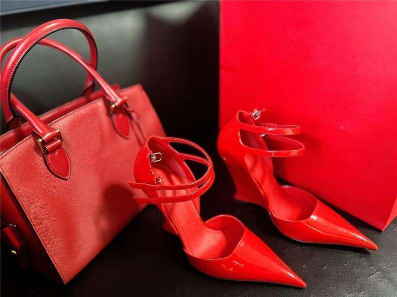 2025 New Red Patent Leather Sexy Wedge Pointed High Designer Shoe heels Shallow Mouth Single Shoes One Strap French Style Women's Sandals