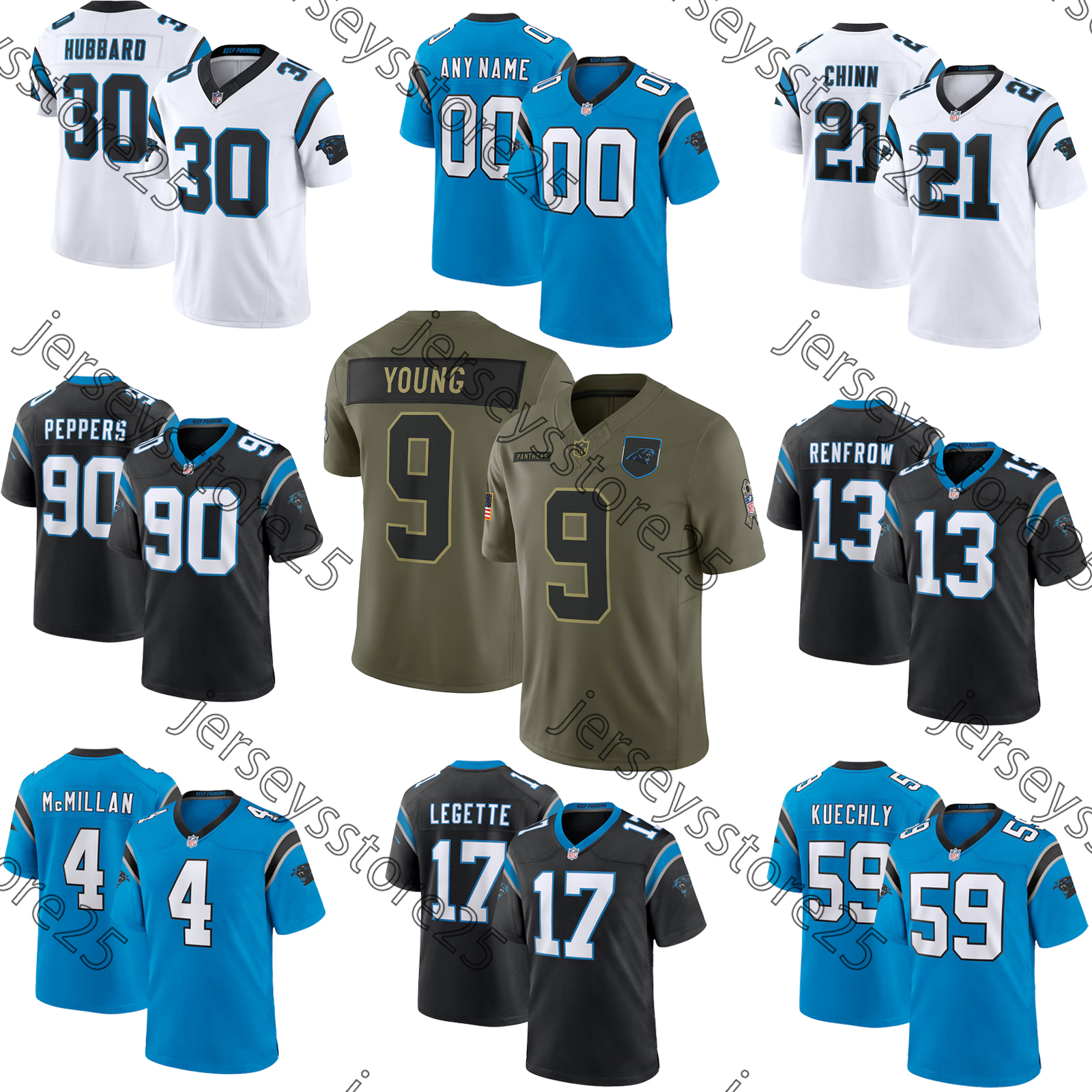 Bryce Young Football Jersey Pantherss Tetairoa McMillan Chuba Hubbard Xavier Legette Jaycee Horn Rico Dowdle Jalen Coker Ja'Tavion Sanders Taylor Moton Jersey