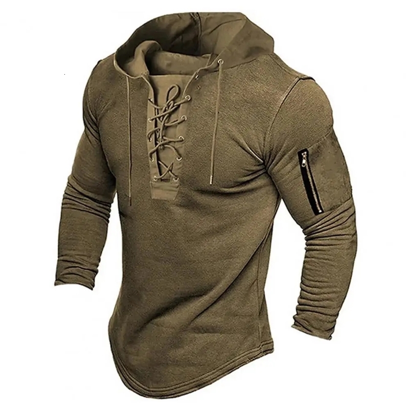 No Ironing Men Hoodie Vintage Laceup Stylish Mens Pullover with Zipper Detailing Slim Fit for Spring Fall Casual Style 241025