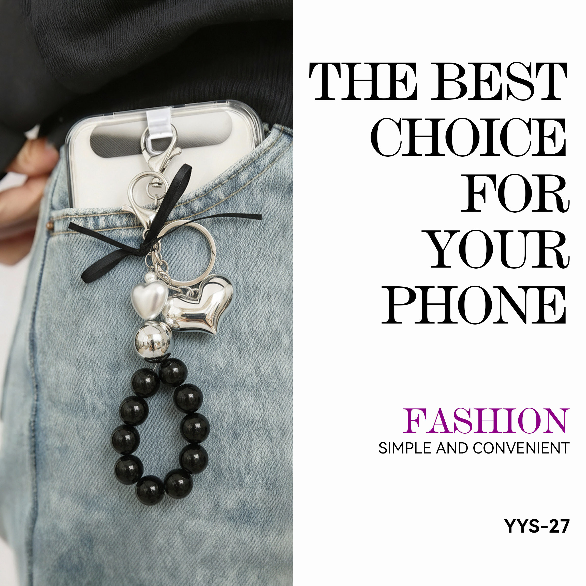 Fashion-forward phone charm, metal heart design, metallic pearls, black pearl strand, trendy accessory, anti-loss feature, easy to carry