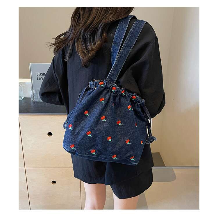 Bucket Embroidered Handbag Denim Niche Design Fashion Designer Bags Large Capacity Shoulder Underarm Commuter Women's Bag