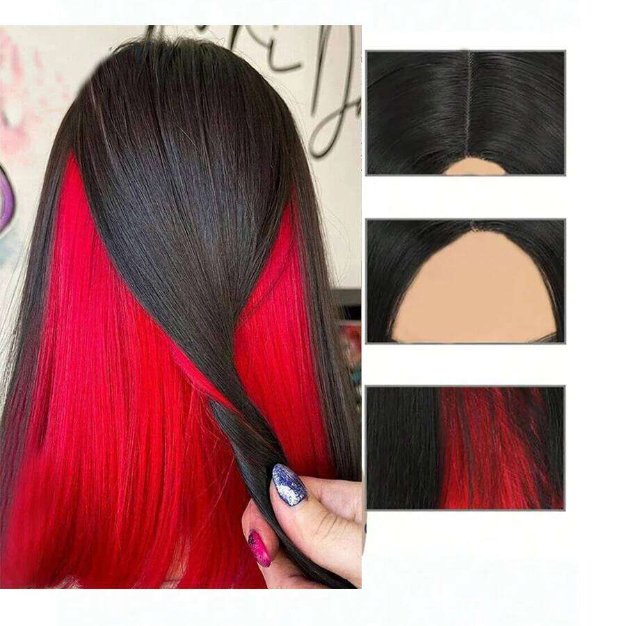 Ombre Red Short Bob Pink Non-Lace Front Synthetic Hair Wig Straight Pre Plucked Part Use For Black Women