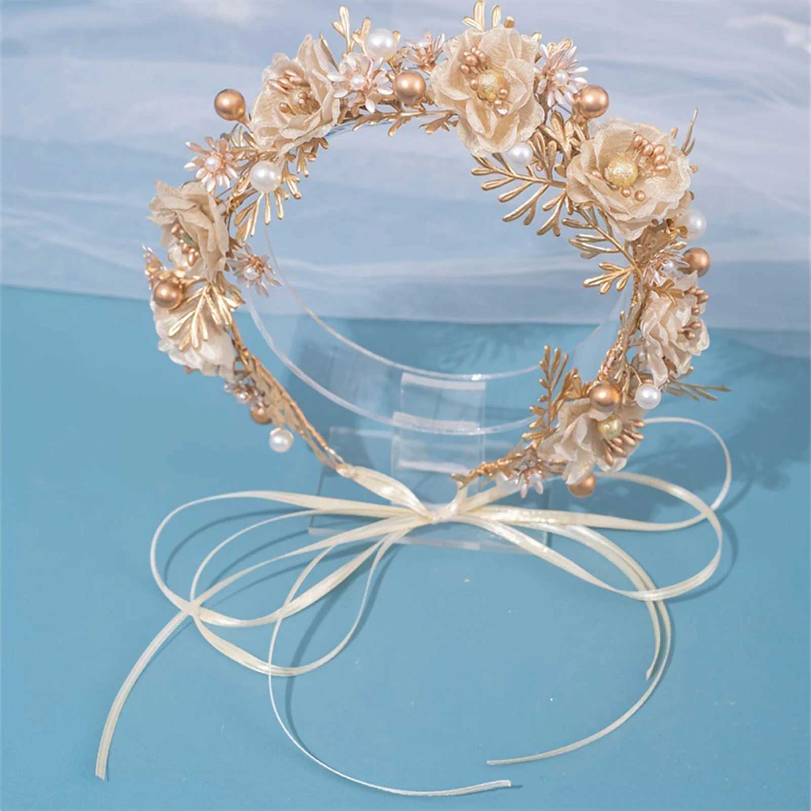 Bride Wedding Flower Crown Gold Color Leaf Headbands Pearls Floral Hairbands Ribbon Headwear Bridal Hair Jewelry cessories L250928UPNQ