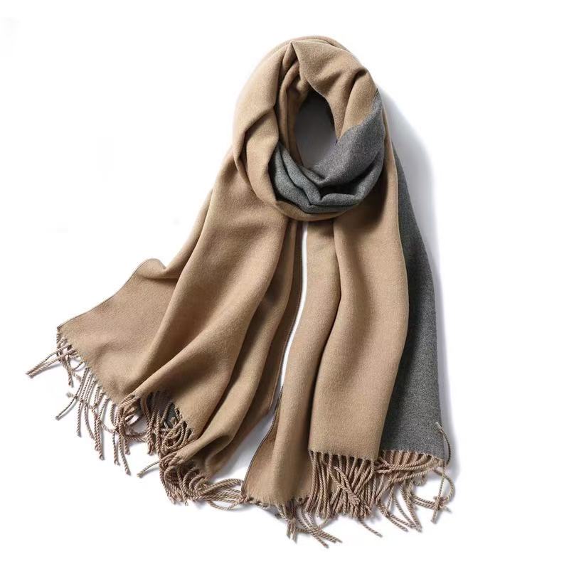 T1887 Solid Color Cashmere Scarf, Unisex, Thick and Warm for Winter, Double-Sided, Two-Tone Design with Tassels