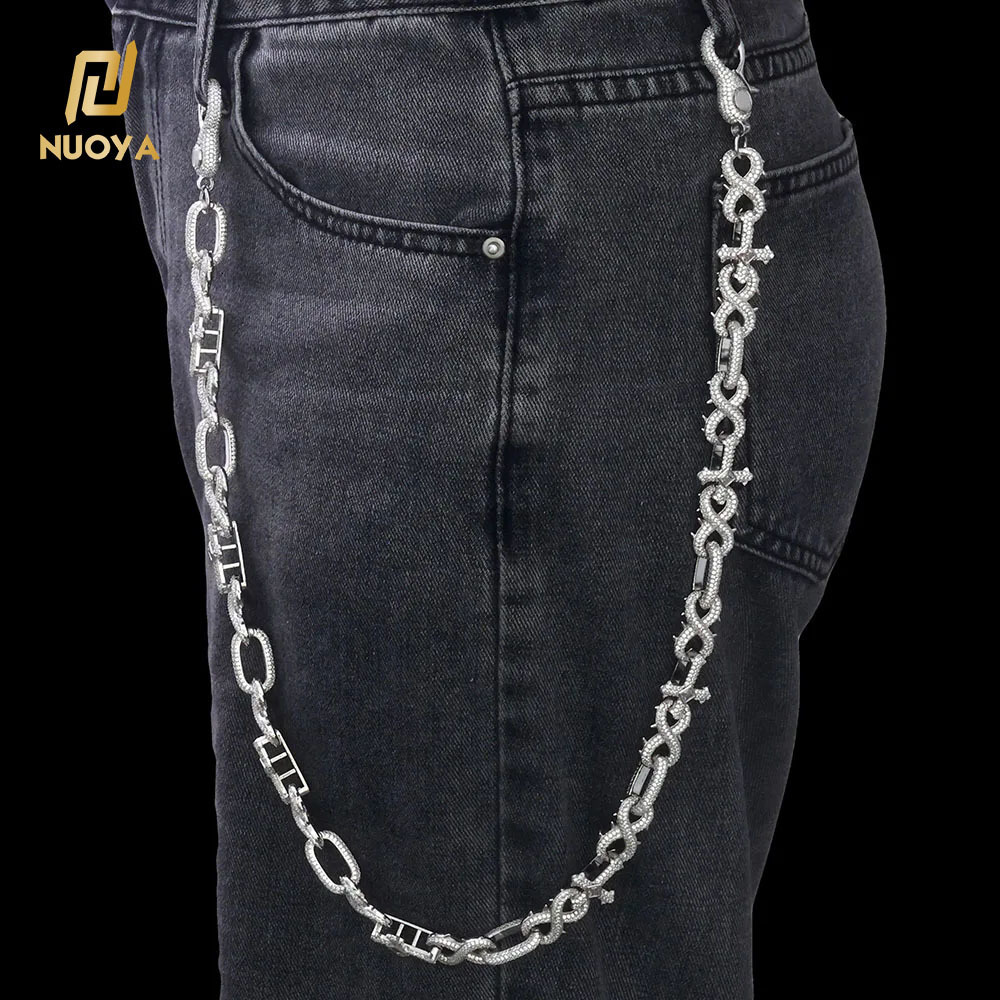 boutique Luxury Silver Plated Hip Hop Pants Chain Shiny Diamond Cross Micro Pave Moissanite Spike Infinity Design Chain Jewelry