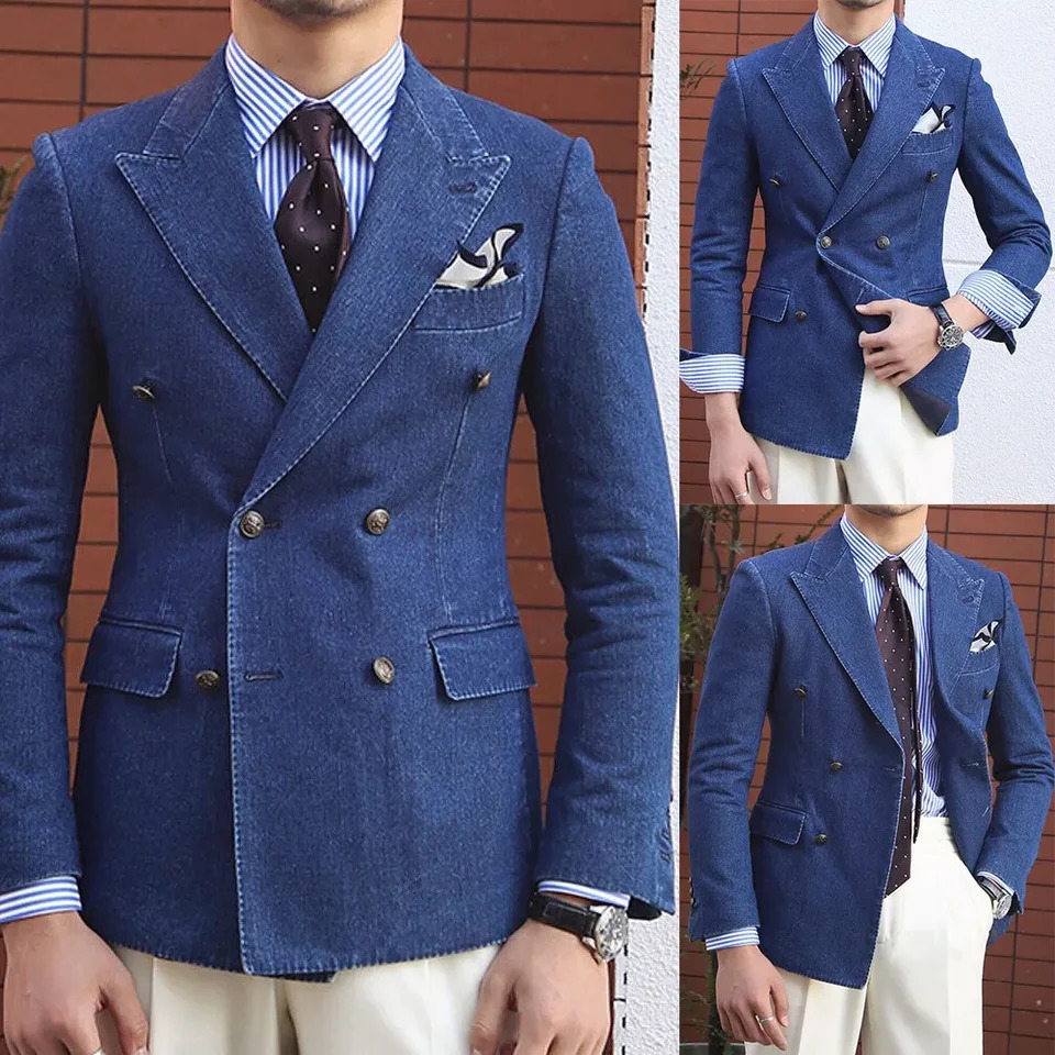 Elegant Denim Mens Jackets 1 Piece Double Breasted Lapel Clothing Blazer Fashion Casual Daily Office Basic Coat 250917Z