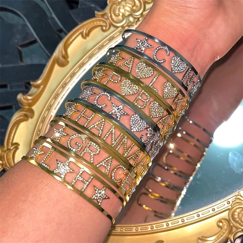 ly customized stainless steel name bracelet zircon letter open adjustable all diamond 250410