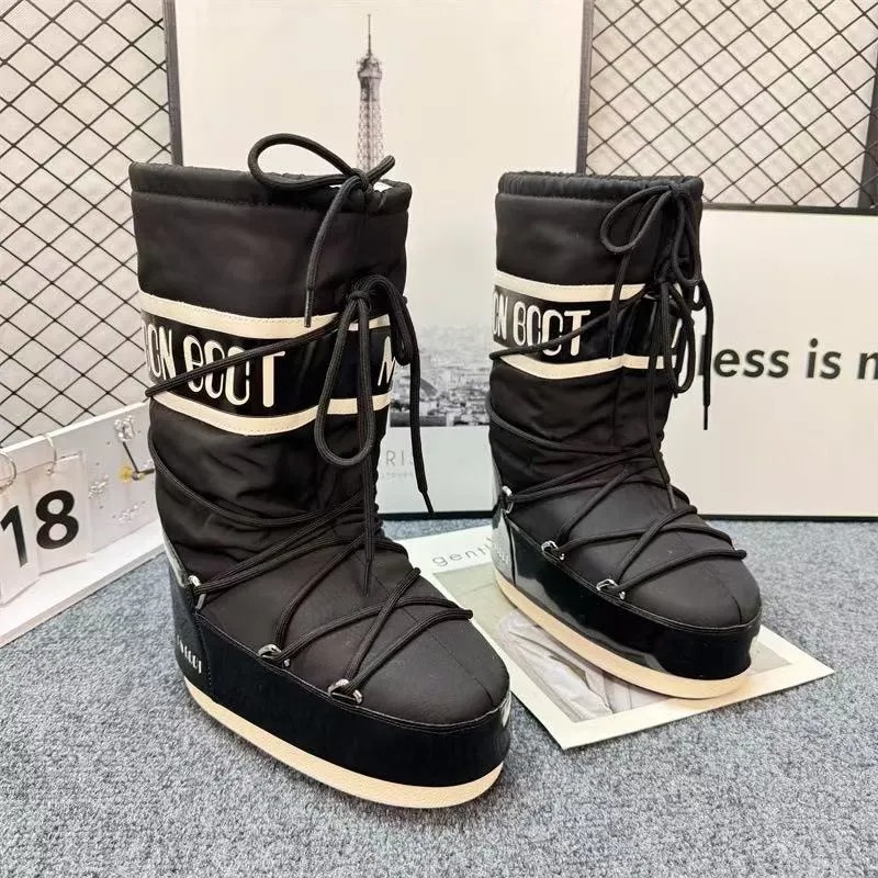 Fashion Moon Snow Boots New 2025 Winter Medium and High Tube Lace-up Cotton Shoes Non-slip Warm Ski Shoes