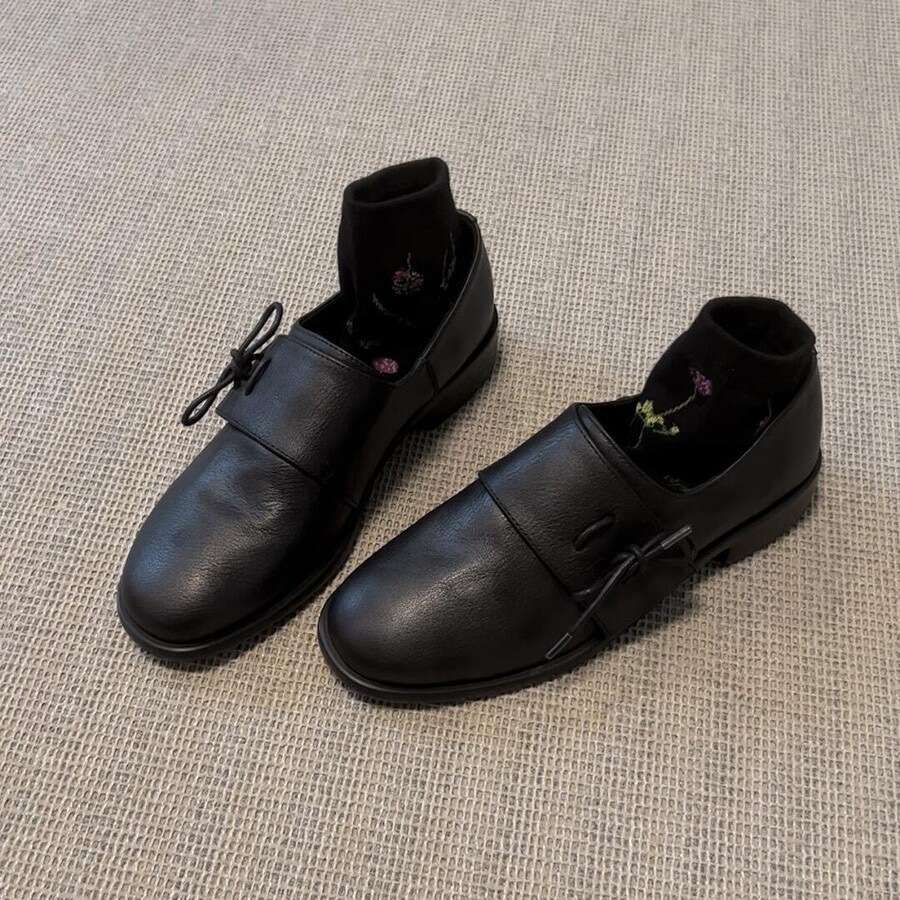 Genuine Leather Bowknot Deep Mouth Women's 2024 Autumn Winter New Versatile Chunky heel Round Toe Loafers Single Shoes