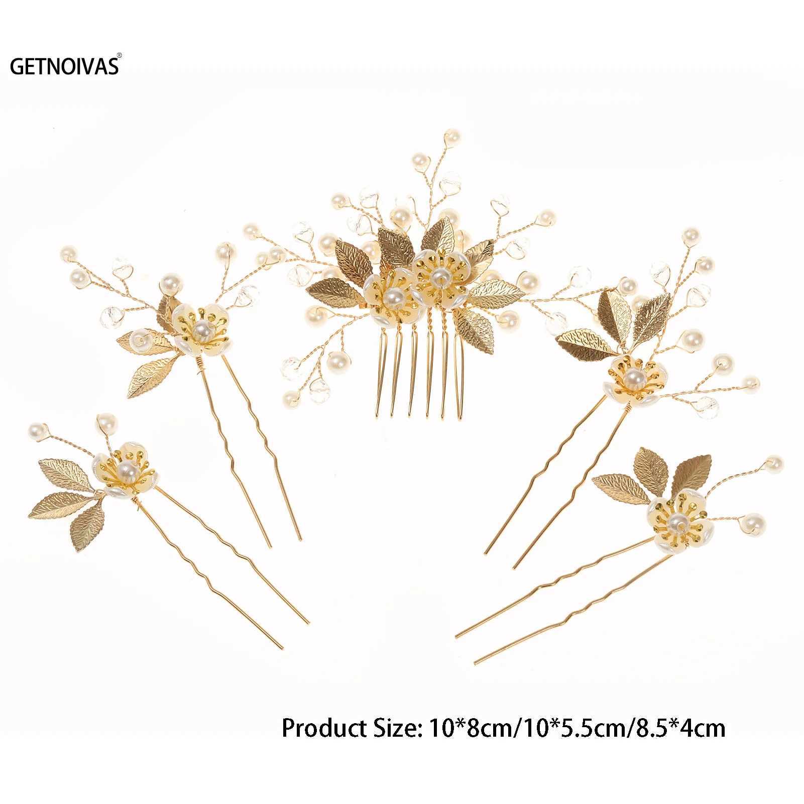 Wedding Pearl Flower Hairpin Side Comb Golden Leaf Alloy Tiaras Wedding Bride Insert Hair Clips Hair Jewelry Bride Headwear 5Pcs L2509280E84
