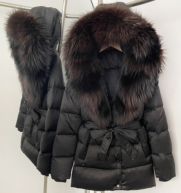 Designer's new winter goose down jacket with oversized real fox fur, thick fur collar, medium to long warm waist down puffer jacket doudoune femm