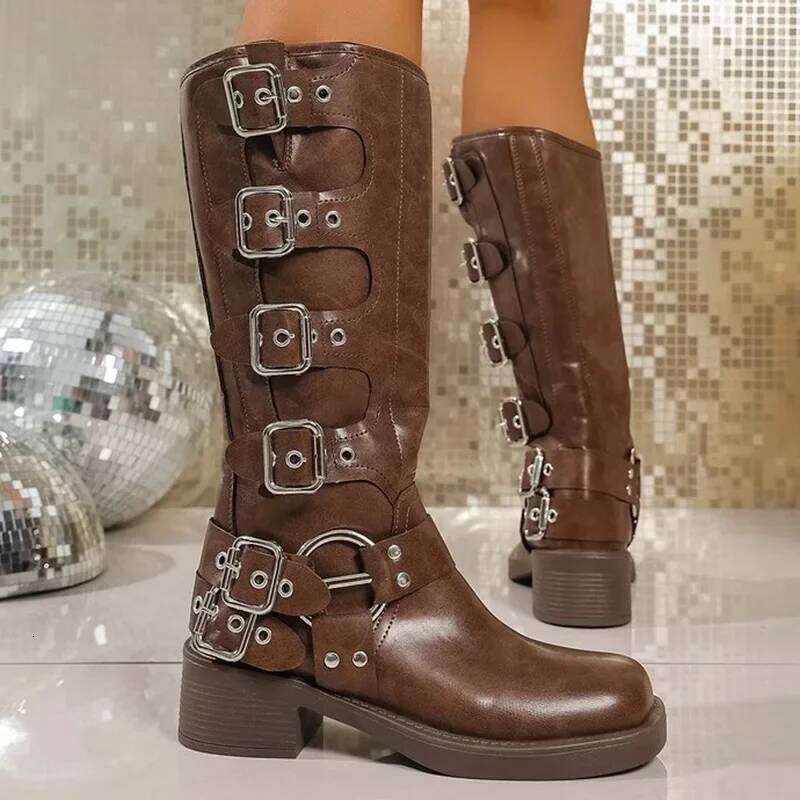 Fashion Buckle Strap Midi-Calf for Women Autumn Winter Brown Rivet Wedges Boots Woman Plus Size Pu Leather Botas Mujer