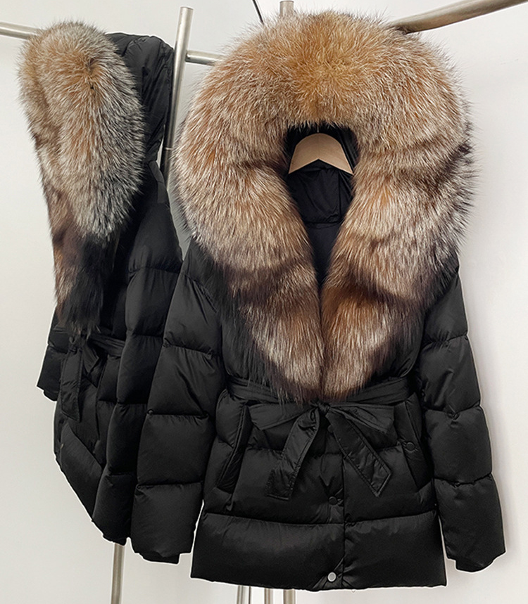 Designer's new winter goose down jacket with oversized real fox fur, thick fur collar, medium to long warm waist down puffer jacket doudoune femm