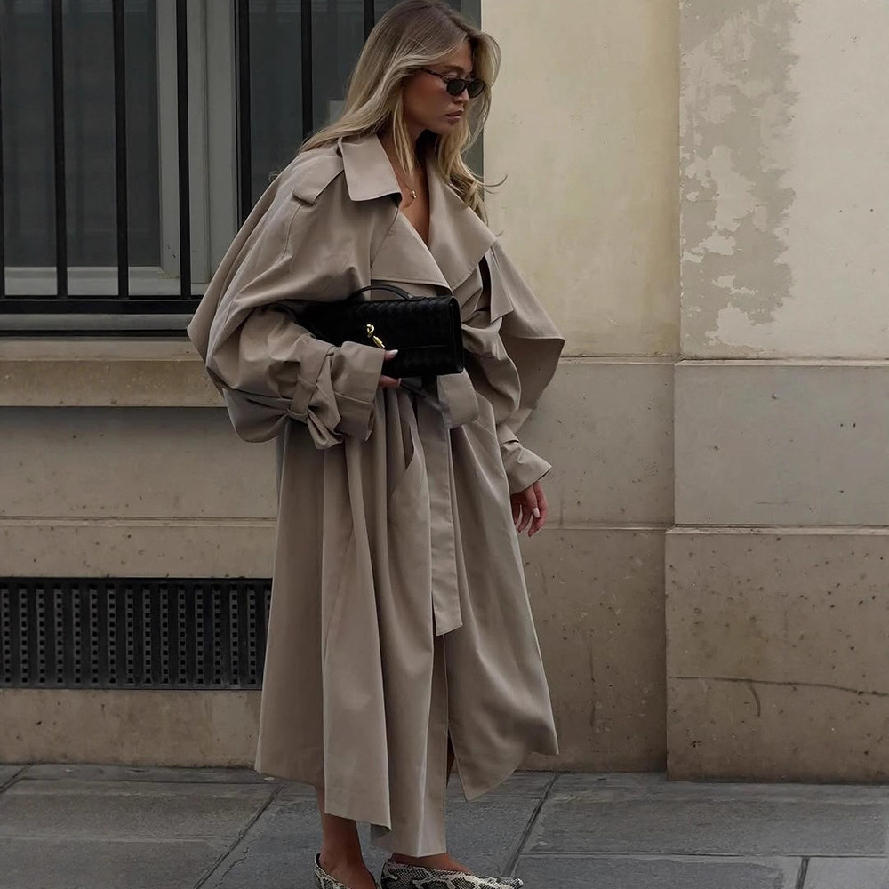 Fashionable Elegant Solid Color Shawl Sleeve Long Trench Coat for Women Autumn Style 250929