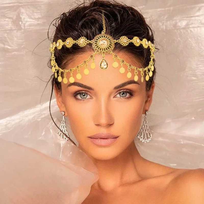 Egyptian Crystal Forehead Headpiece Gold Color Alloy Hollowed Rhinestone Coin Tassel Head Chain Womens Dance cessories L250928MMHQ