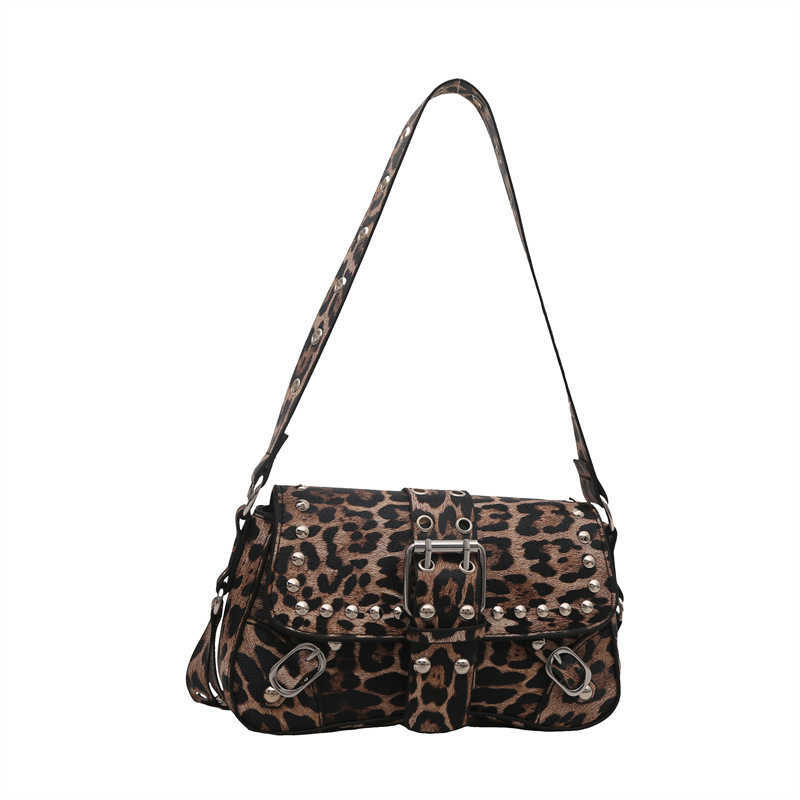 2025 New Textured Trendy Hot Girl Rivet Leopard Print Unique Design Motorcycle Single Shoulder Crossbody Underarm Baguette Womens Bag L250928