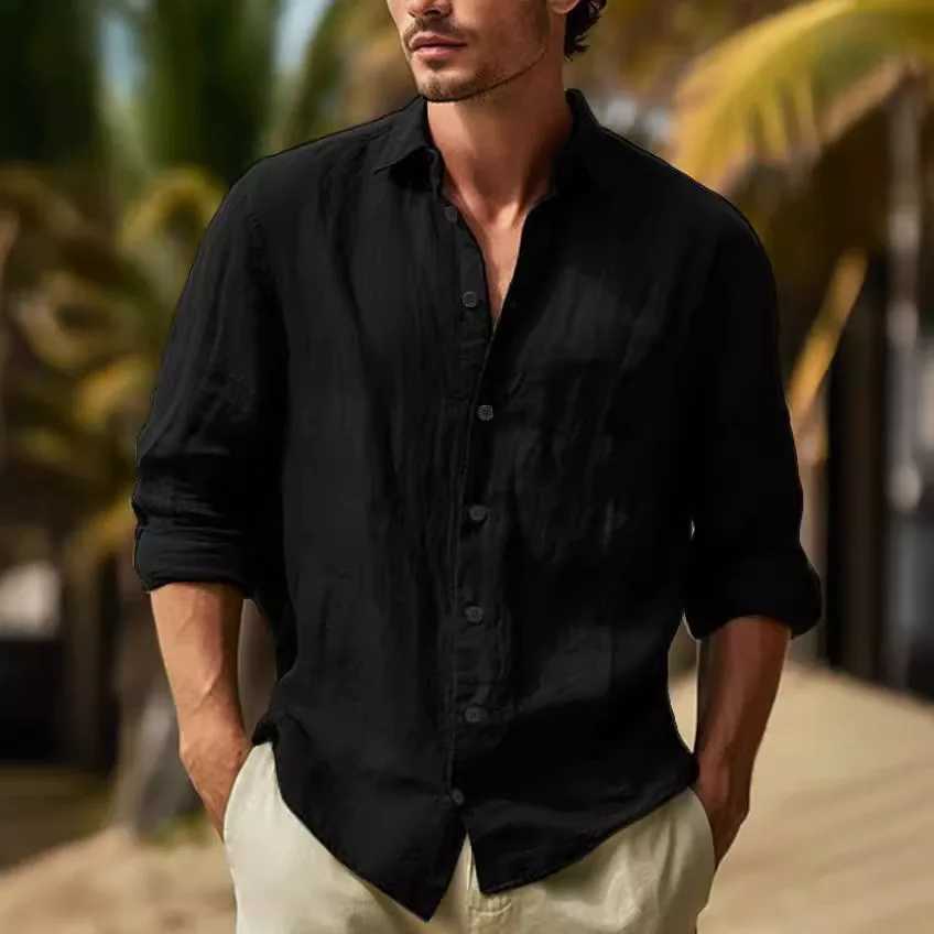 Mens Longsleeved Top in 2025Made of Cotton and Linen Solid Color Turndown Collar in a Casual Style Shirt linen shirt men18 D250929