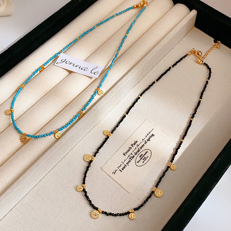 Quality Jewellery High 1 Gold Toned Beaded Necklace with Turquoise Accents and Engraved Disc Charms for Daily Elegant Wear Gift Occasions Textured Acc